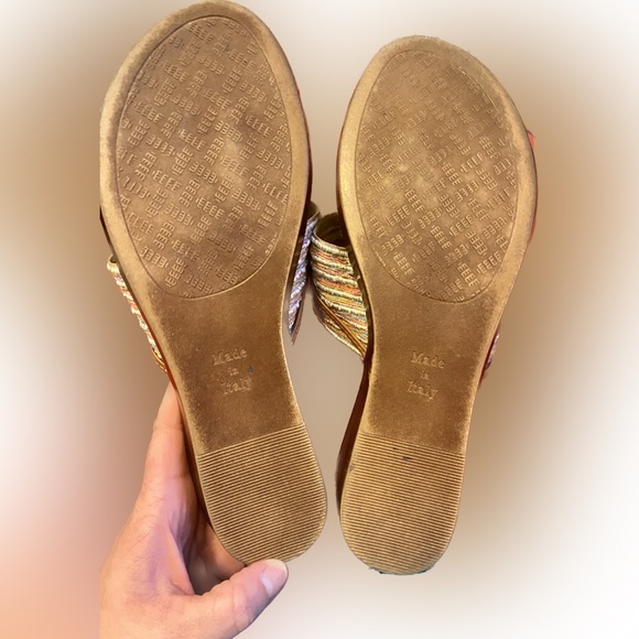 Italian Shoe Makers Soft Brown Leather Sandals Woven Metallic Rainbow Thong 9.5 - Picture 15 of 16